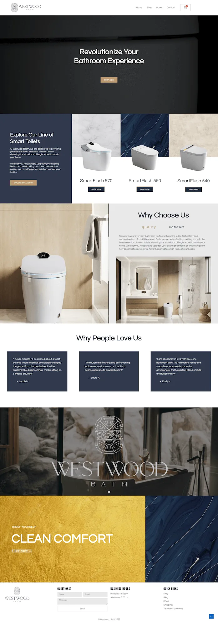 Westwood Bath website featuring bathroom remodeling services and finished project gallery.