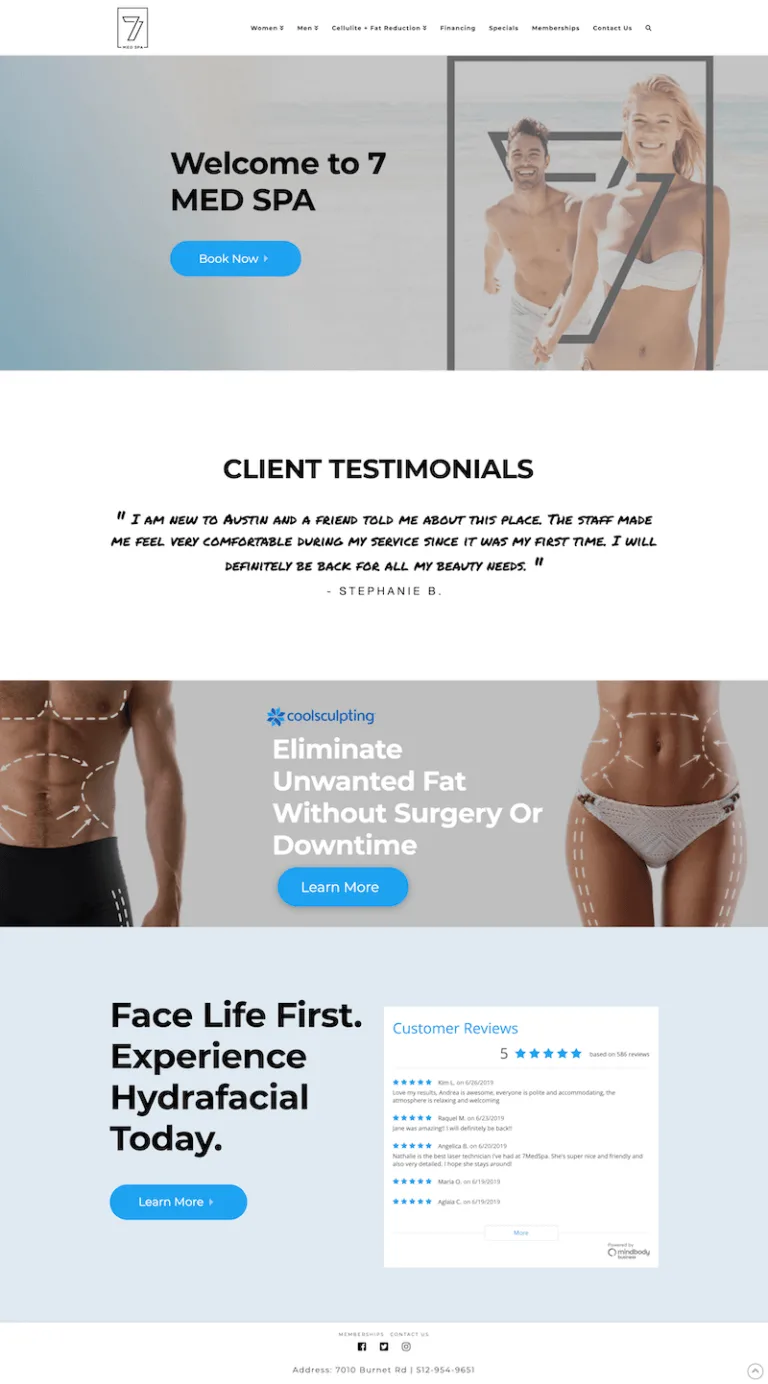 7 Med Spa Austin website featuring aesthetic services and booking.
