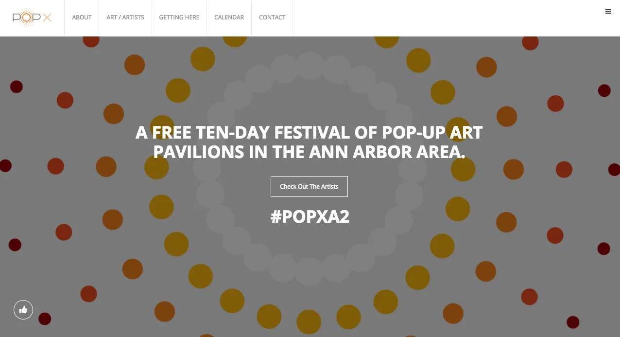 POP-X Ann Arbor festival website featuring artist lineup and installations.