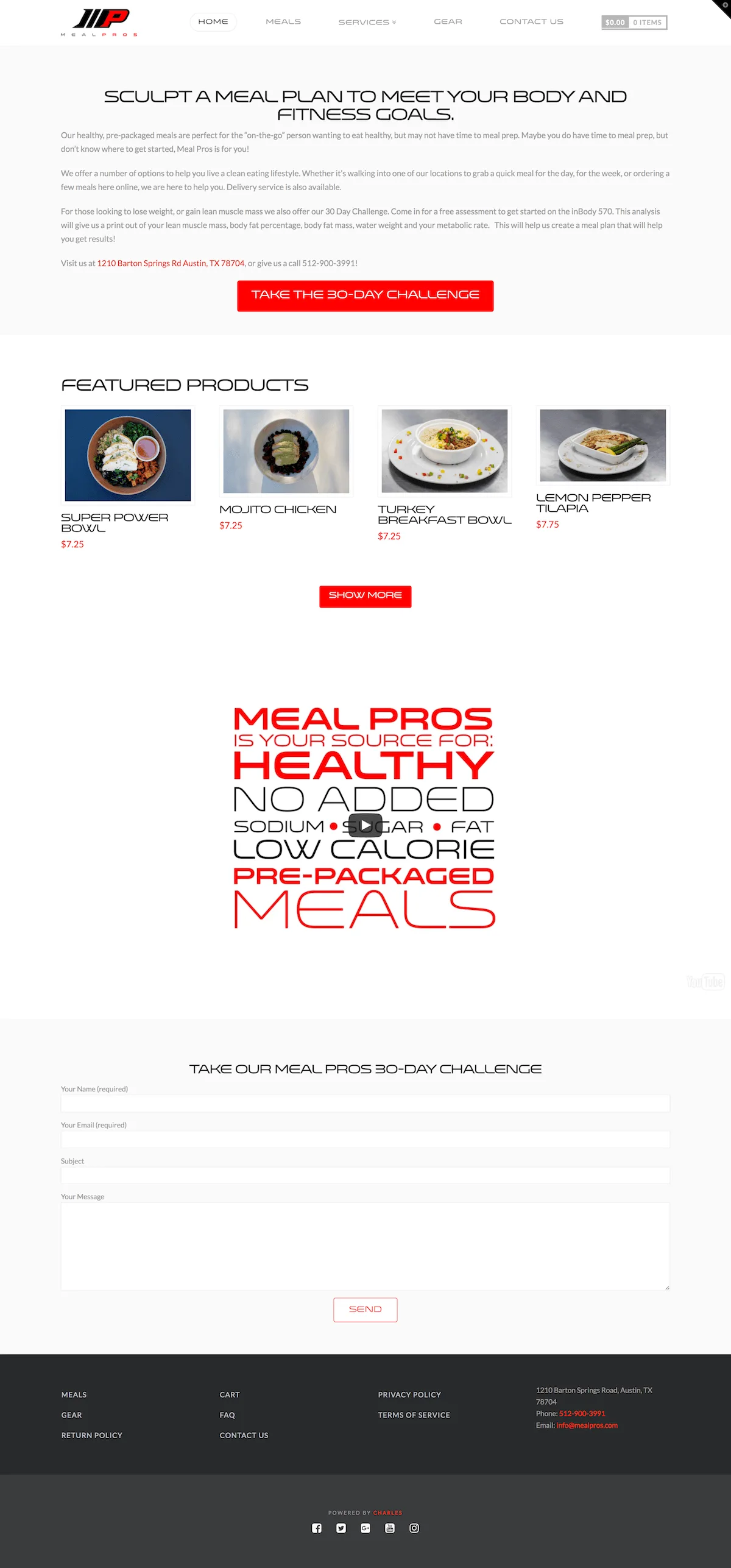 Meal Pros website featuring pre-packaged meals and pickup locations.