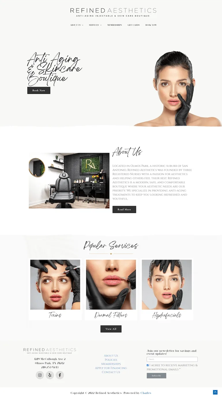 Refined Aesthetics San Antonio website featuring med spa services.