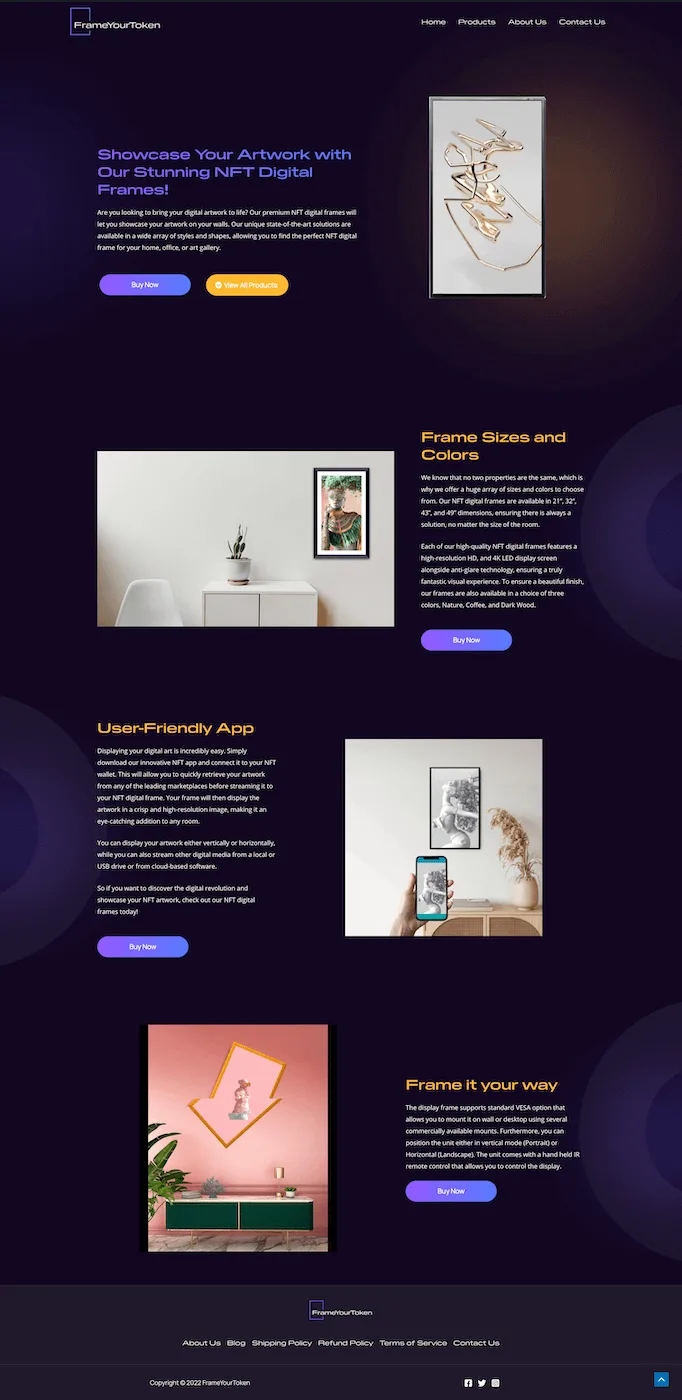 Frame Your Token website featuring framed NFT and digital art displays.