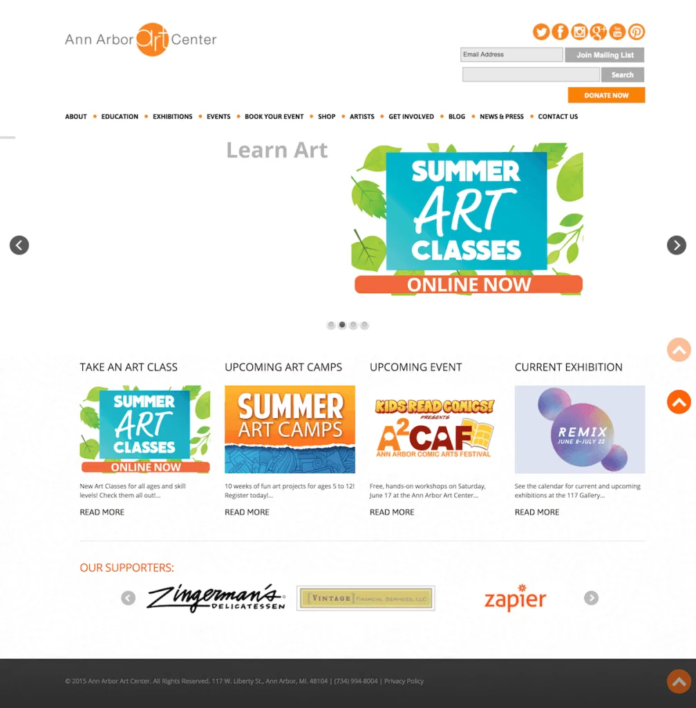 Ann Arbor Art Center website homepage featuring exhibitions and programming.