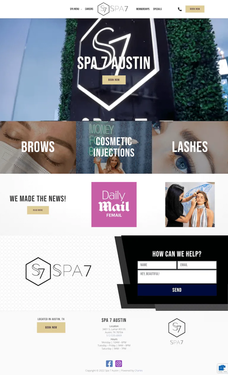 Spa 7 Austin website featuring med spa services and booking.
