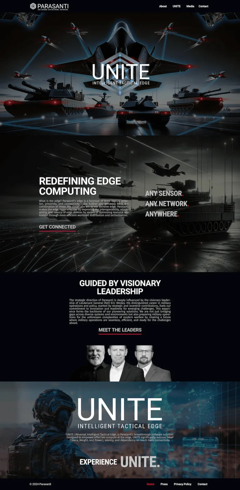 Parasanti website featuring edge computing and defense workload orchestration.